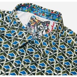 Robert Graham Mens M Blue Green Geometric Abstract Short Sleeve Button Up Shirt